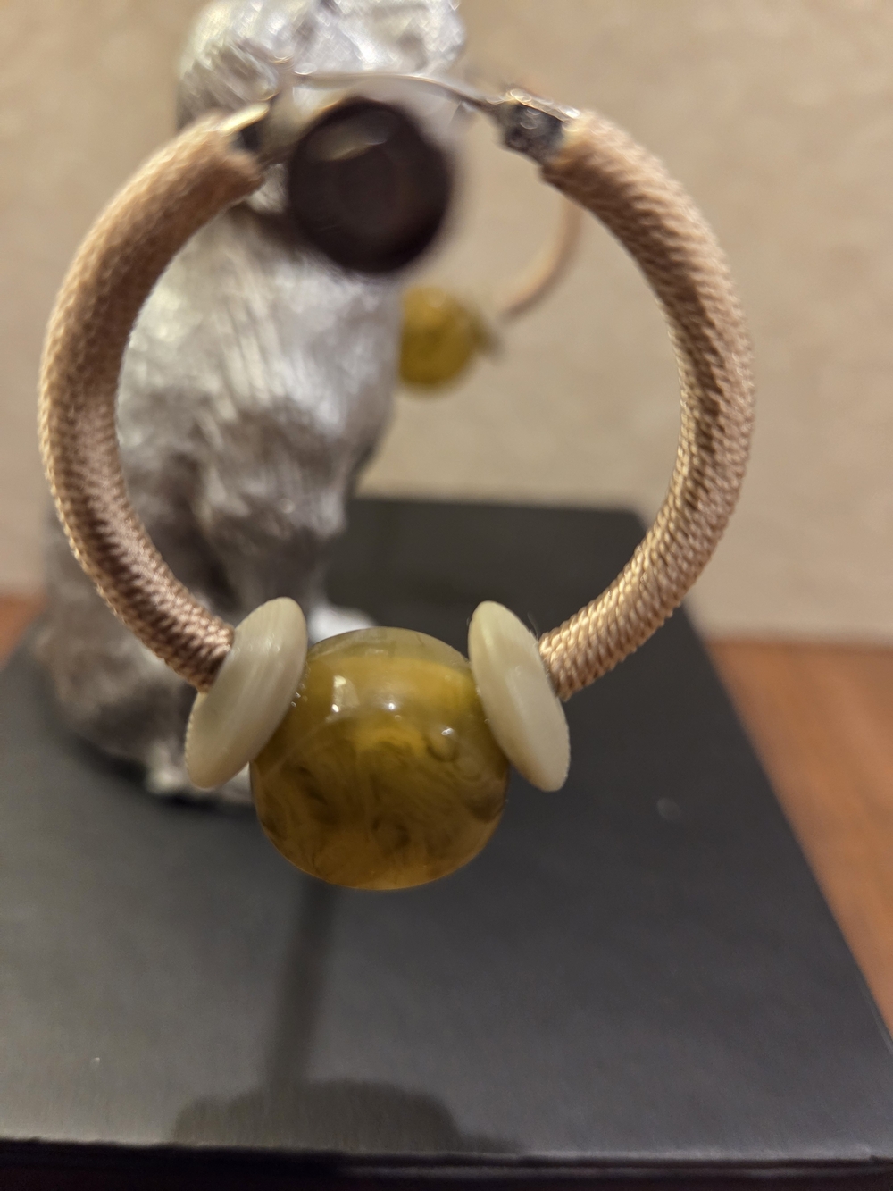 Chico's Beige Hoop Earrings with Olive Marbled Bead